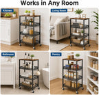 Homleke 4-Tier Rolling Kitchen Storage Cart, Utility Cart with Wooden Tabletop & Metal Baskets, Fruit Vegetable Basket for Kitchen, 3-S Hooks, Rustic Brown and Black
