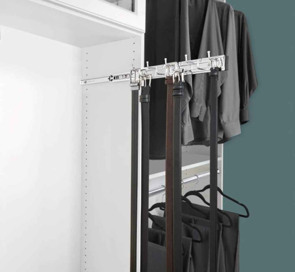 Rev-A-Shelf BRC-14CR 14-Inch Wall Mounted Pullout Closet Belt and Scarf Organization Rack Accessories Holder Hanger with 9 Hooks, Chrome (2 Pack)