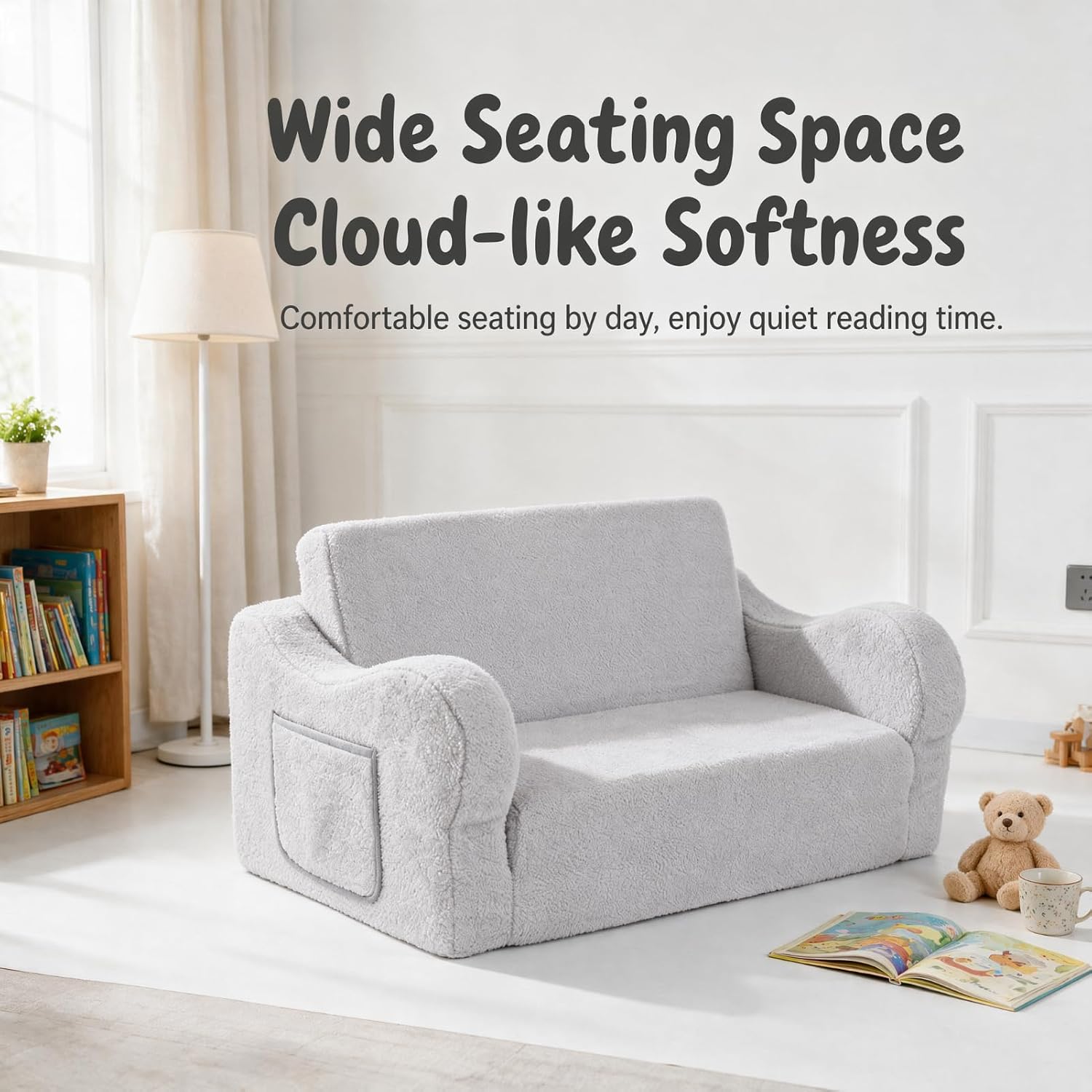 Extra Wide Toddler Couch, Foldable Kids Sofa to Lounger, Grey | Toddler Chair Fold Out, Reading & Playing, Living Room Playroom, Boys & Girls, Lightweight, Removable Washable Cover