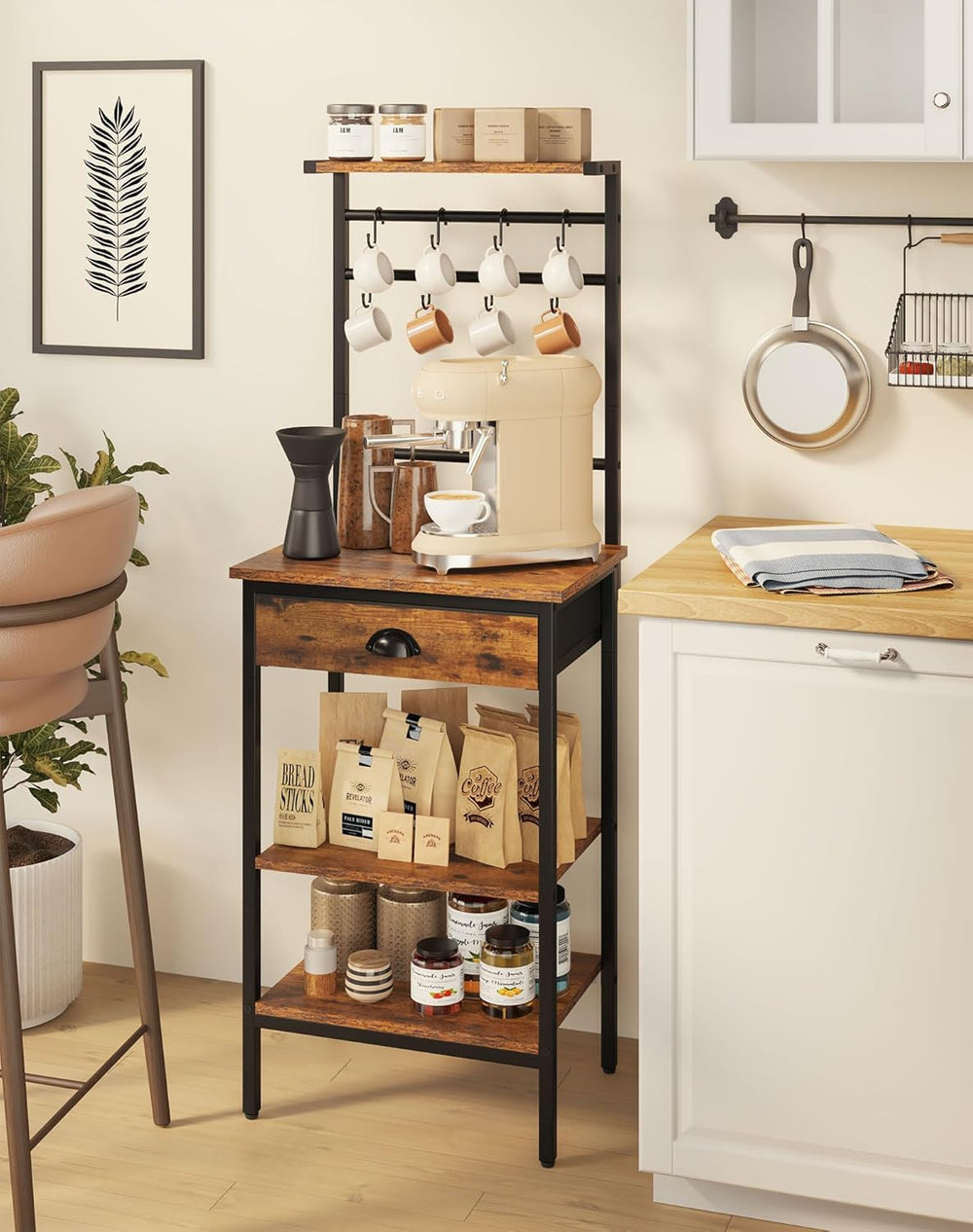 YMYNY 5 Tier Coffee Bar Station, Coffee Stand with Fabric Drawers, 8 S-Shaped...