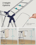 SONGMICS Clothes Drying Rack, Foldable Laundry Drying Rack, Sock Clips, Metal Clothes Airer with Height-Adjustable Gullwings, Space-Saving, Indoor Outdoor, 17 x 51.2 x 39 Inches, Blue ULLR505EQ01