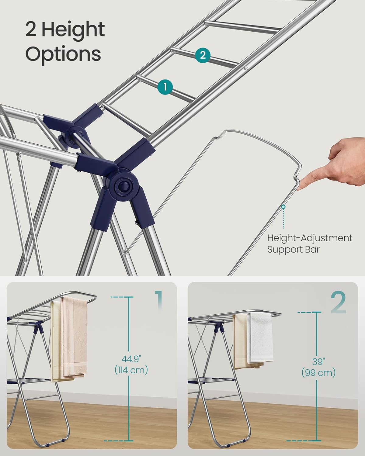 SONGMICS Clothes Drying Rack, Foldable Laundry Drying Rack, Sock Clips, Metal Clothes Airer with Height-Adjustable Gullwings, Space-Saving, Indoor Outdoor, 17 x 51.2 x 39 Inches, Blue ULLR505EQ01