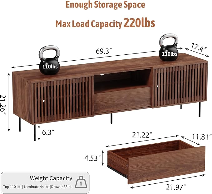 HOMMPA 70 Inch TV Stand for TVs Up to 80'', Mid Century TV Stand with Slatted Door Design, Modern Media Console with Storage Cabinet & Drawer, Entertainment Center for Livingroom, Walnut