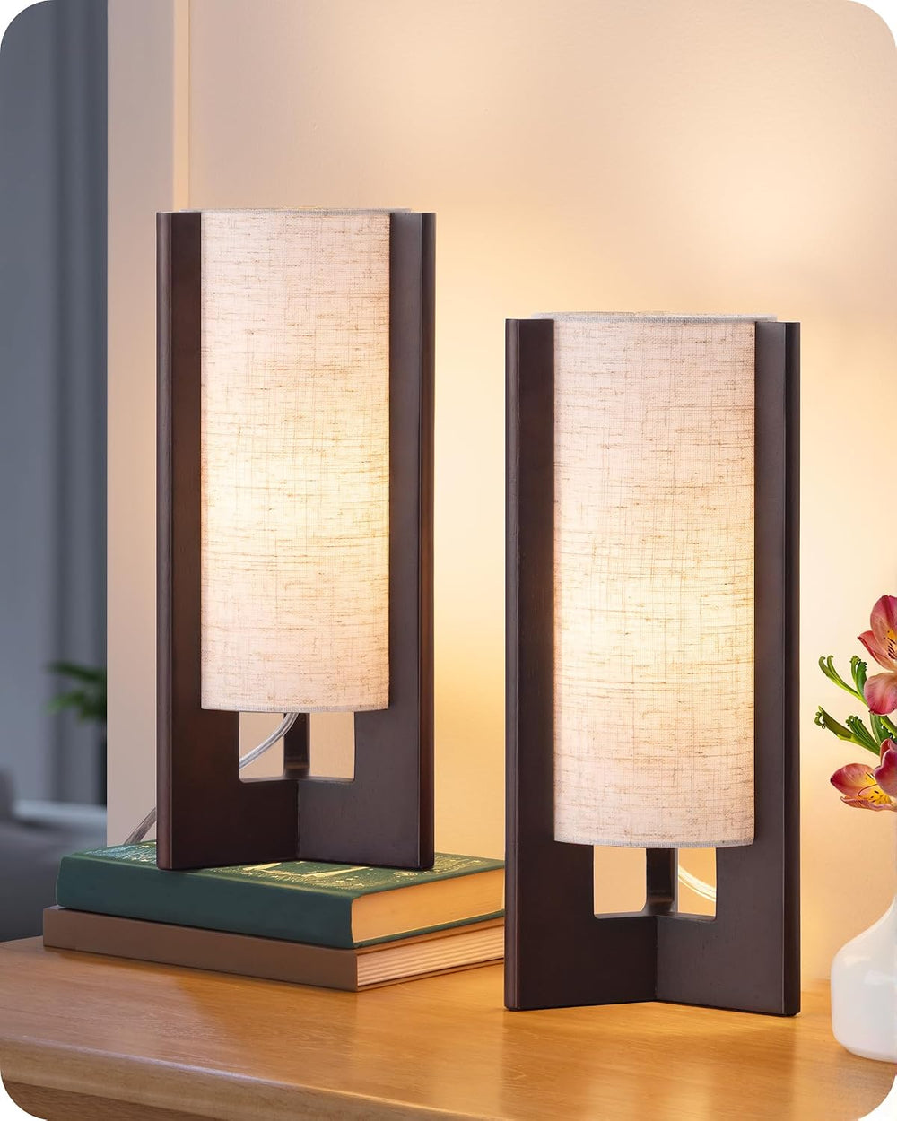 EDISHINE 13.5" Small Table Lamp, Walnut Wood Cylinder Lamp, E26 Base, 2Pack