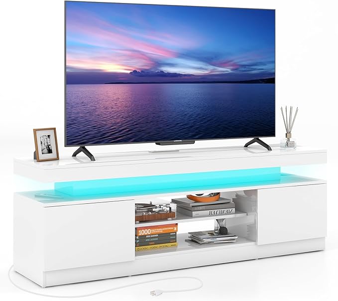 Verano Garden 63" LED TV Stand for 75 Inch TV, High Gloss Entertainment Center with Power Outlet & Light, Modern TV Media Console with 2 Storage Cabinets & Open Shelf for Living Room, Bedroom, White