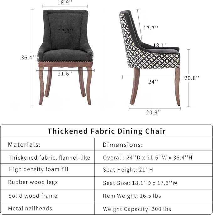 Dining Chairs Set of 6, Kitchen & Dining Room Chairs, Fabric Upholstered Dinning Chairs, Sillas De Comedor, Nailhead Trim, Wood Legs (Black, Pattern, 6 Pcs)