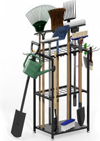 Garden Tool Organizer, 3-Tier Metal Yard Tool Rack with 14 Hooks & 5 Slots, Holds 50+ Rakes/Shovels/Brooms, Heavy Duty Freestanding Lawn Tool Storage for Garage Shed Outdoor Organization