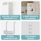 Zenna Home SnugFit Over the Door Caddy Organizer with 2 Storage Baskets and 4 Hooks, Over Door Hanging Organizer for Bathroom, Kitchen, Bedroom, Closet, Easy to Install, No Drilling, White