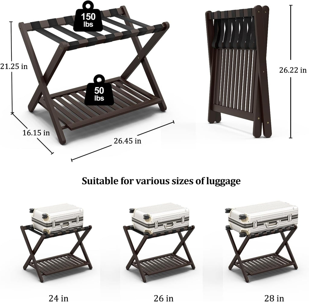 Bamboo Luggage Racks Set of 2, Fully Assembled Luggage Rack for Guest Room, Folding Suitcase Stand with Shoe Shelf, Heavy Duty Luggage Holder for Suitcases, Dark Brown