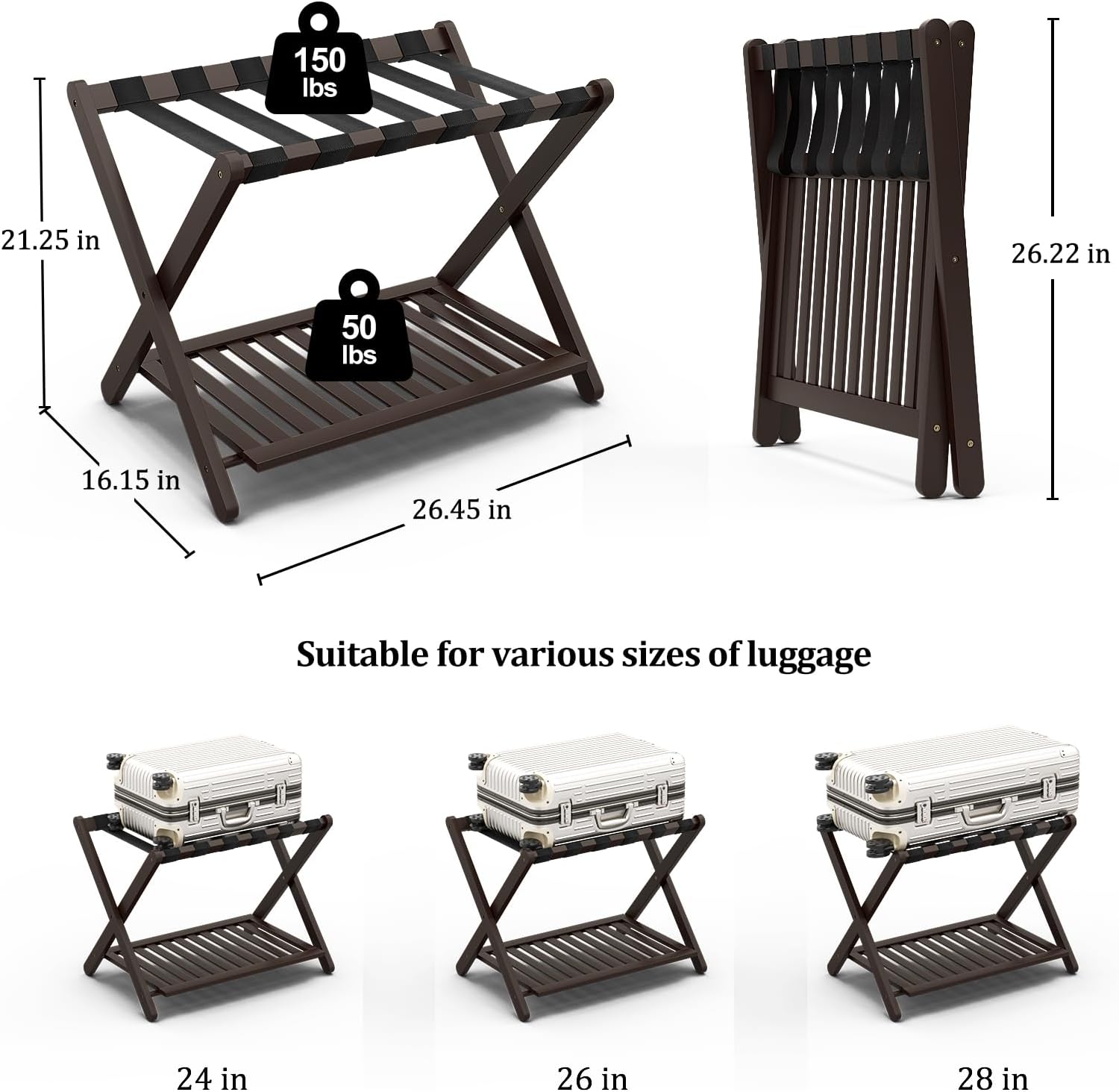 Bamboo Luggage Racks Set of 2, Fully Assembled Luggage Rack for Guest Room, Folding Suitcase Stand with Shoe Shelf, Heavy Duty Luggage Holder for Suitcases, Dark Brown