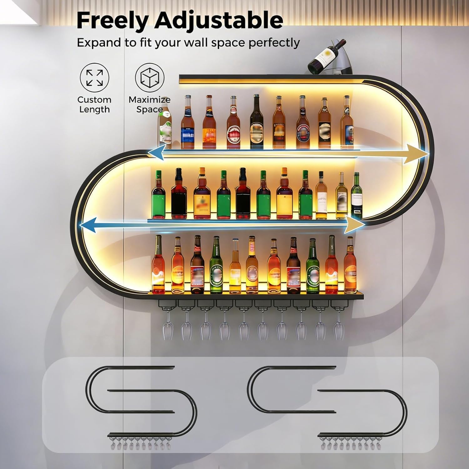 Wine Rack Wall Mounted, 4 Tier Wall Wine Rack with LED Light, Modern Wine Bottle Holder with Wine Glass Hooks, S-shaped Hanging Liquor Storage Display Shelf for Bar (47.24'' * 7.87'' * 59.05'')
