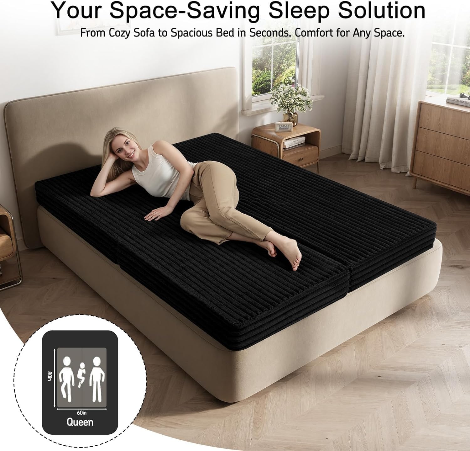 MeMoreCool Convertible Sofa Bed, Folding Floor Couch Bed Queen, Pull Out Sleeper Couch with Pillows, Fold Out Futon Sofa for Bedroom Living Room Small Space, Corduroy Black