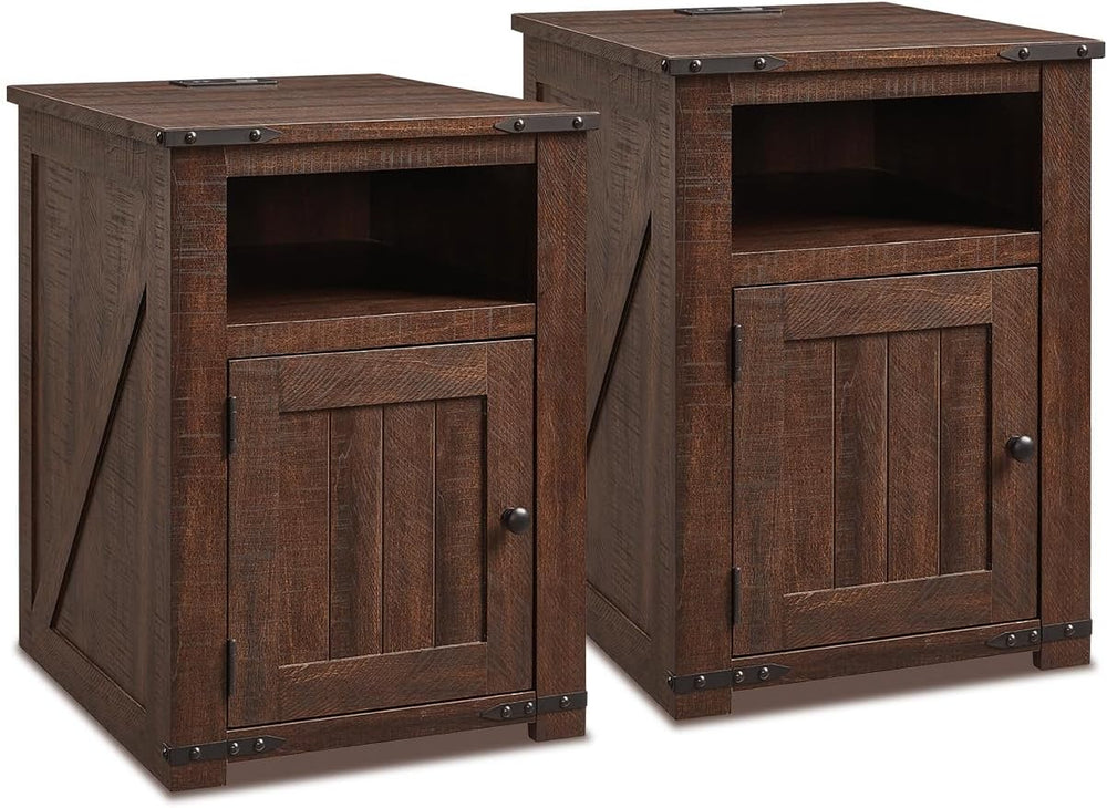 Farmhouse Night Stands Set of 2, 20" End Table w/Charging Station, Rusti...