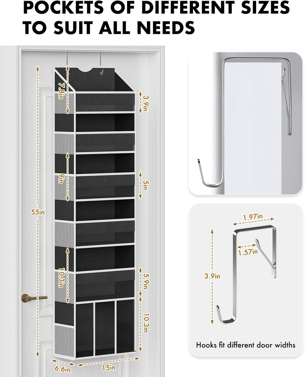 Over The Door Organizer Hanging 6-Shelf Storage Organizer with 50lb Heavy Duty Perfect for Bathroom Closet Nursery Bedroom Laundry Pantry (Black, 1 Pack)