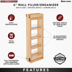 Rev-A-Shelf Kitchen Cabinet Pullout Wall Filler Wooden Organizer Slide Out Pantry Storage w/Soft-Close in Multiple Sizes, 6 x 33 in, 432-WFBBSC33-6C