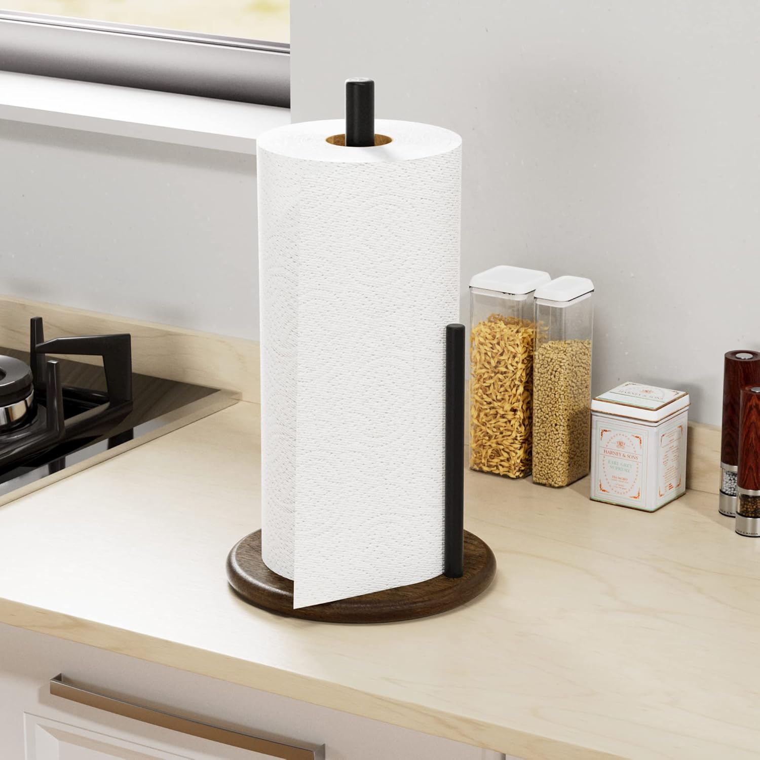 Paper Towel Holder Countertop with Real Wood Round Base, Farmhouse Paper Towel Holder Stand for Kitchen Dining Table Home Decor
