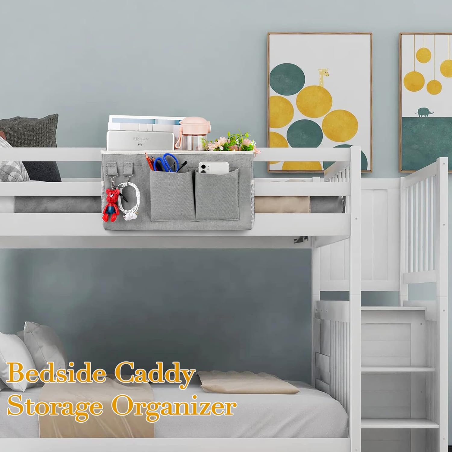 Bedside Storage Caddy/Bedside Hanging Storage Bag for Headboards Bunk Beds Dorm Rooms Book Phone Magazine Holder (2PC Grey)