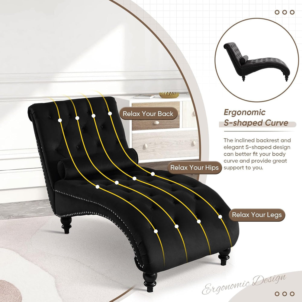 Black Velvet Chaise Lounge Indoor with Toss Pillow, Modern Pink Chaise Lounge...