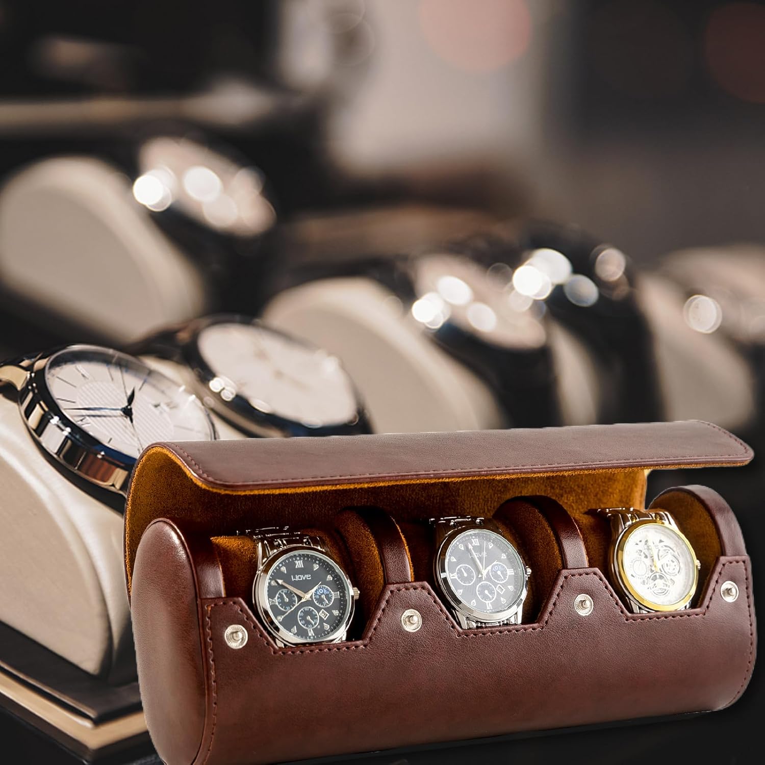 MR.OKAY 3 Watch Travel Case- Classic Leather Watch Case With Perfect Texture.Portable Watch Roll Or Organizer For Storage And Display. Luxury Gifts For Men, All Handmade by Artisans.