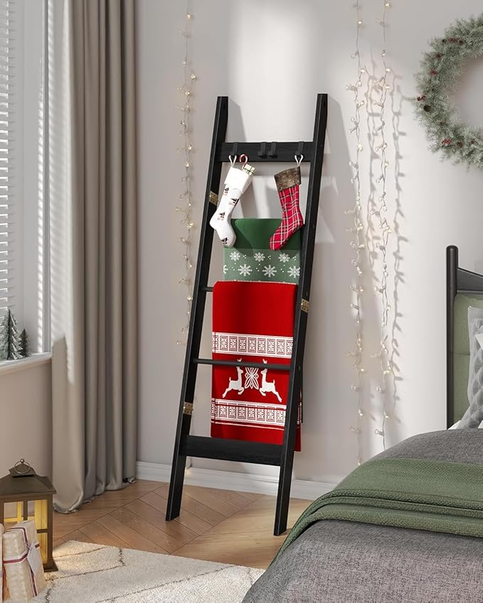Blanket Ladder for Living Room, Decorative Quilt Rack with 4 Removable Hooks, 5-Tier Farmhouse Ladder Holder Shelf Organizer for Bedroom, Black BR02104B