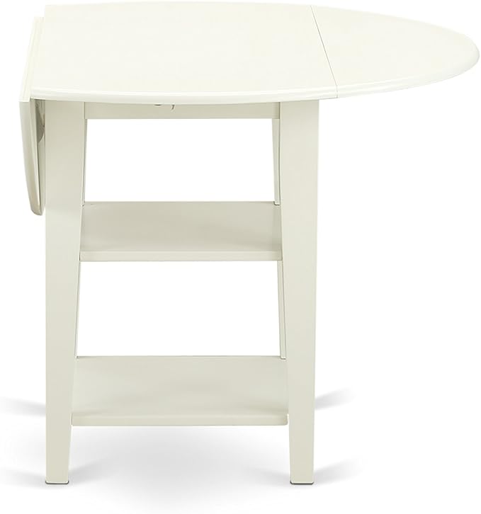East West Furniture SUDA3-LWH-W 3 Piece Dining Room Table Set Contains a Round Dining Table with Dropleaf & Shelves and 2 Wood Seat Chairs, 42x42 Inch, Linen White