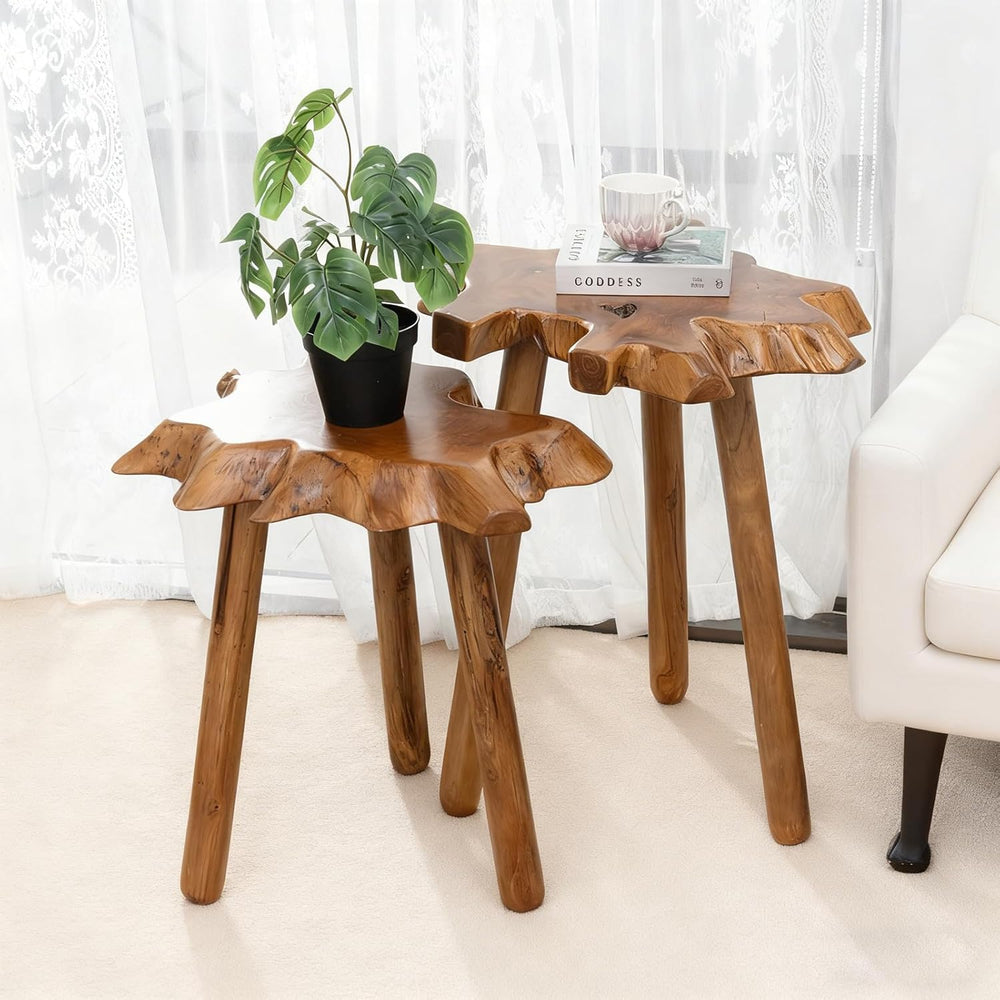 Natural Teak Wood Live Edge Side Table with Wood Legs – Rustic Side Table for...