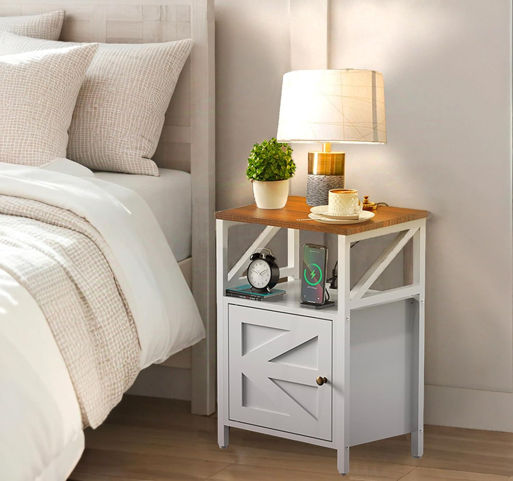 Farmhouse Side Table with Charging Station -3-Tier USB Ports & Outlets En...