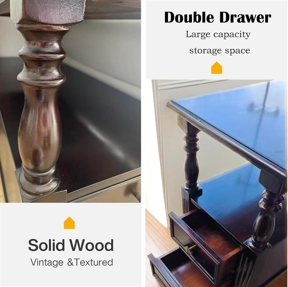 YUNMUARY-Solid Wood End Table with 2 Drawer Mid-Century Nightstand Narrow Sid...