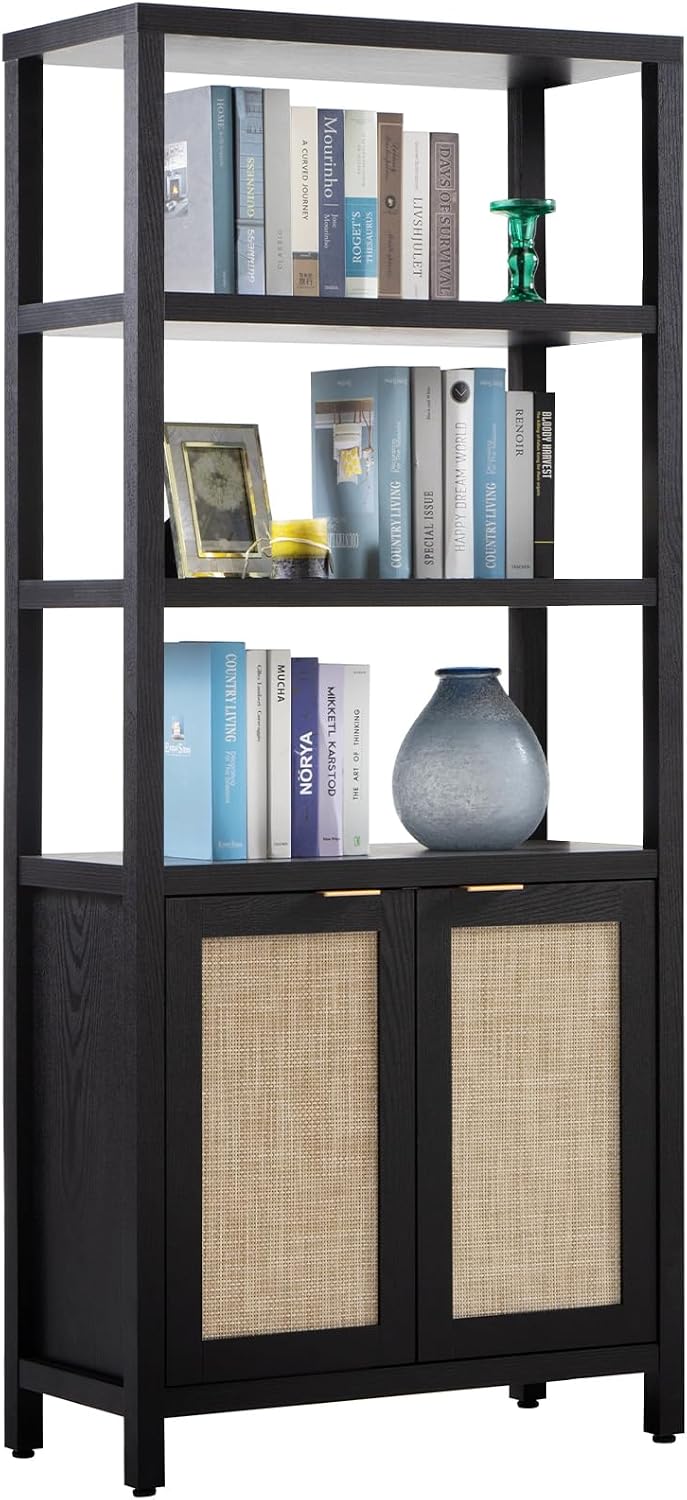 SICOTAS 71" Tall Rattan Bookshelf with Doors for Living Room Library