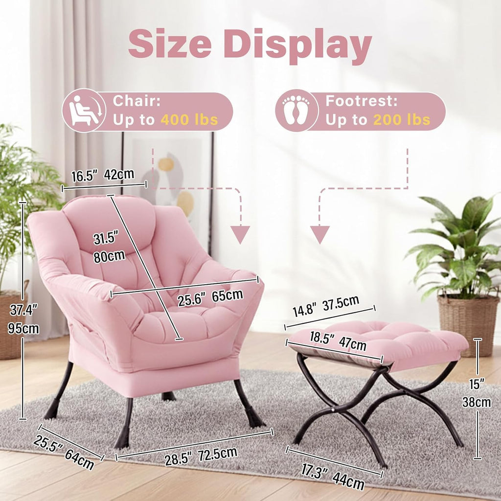 Lazy Chair with Ottoman,Comfy Accent Living Room Chair with Footrest Set | Removable & Machine-washable Cover,Reading Chair with Armrests,Upholstered Lounge Chair for Bedroom,Dorm,Office,Small Space