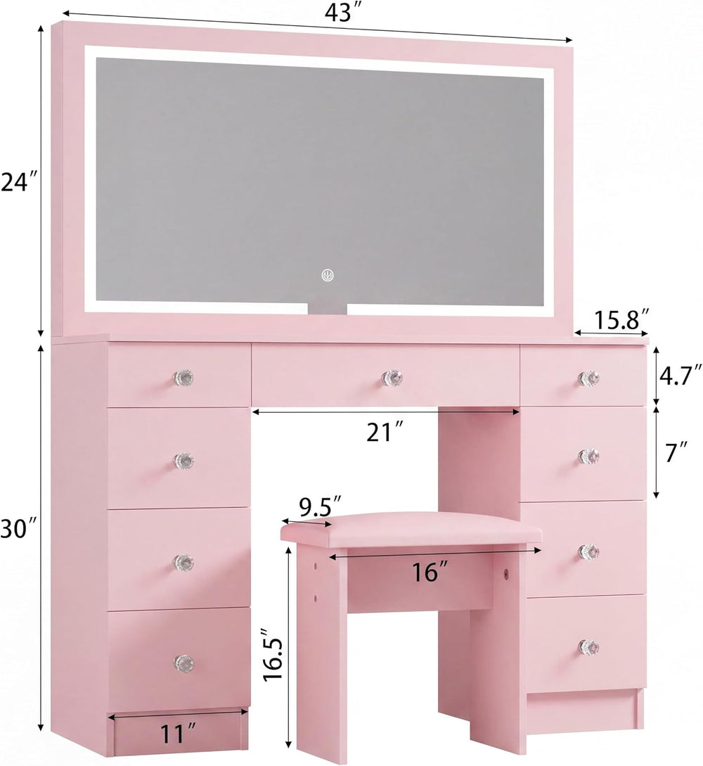 SMOOL Vanity with Mirror and Lights - Vanity Desk with Outlet and 9 Drawers |...