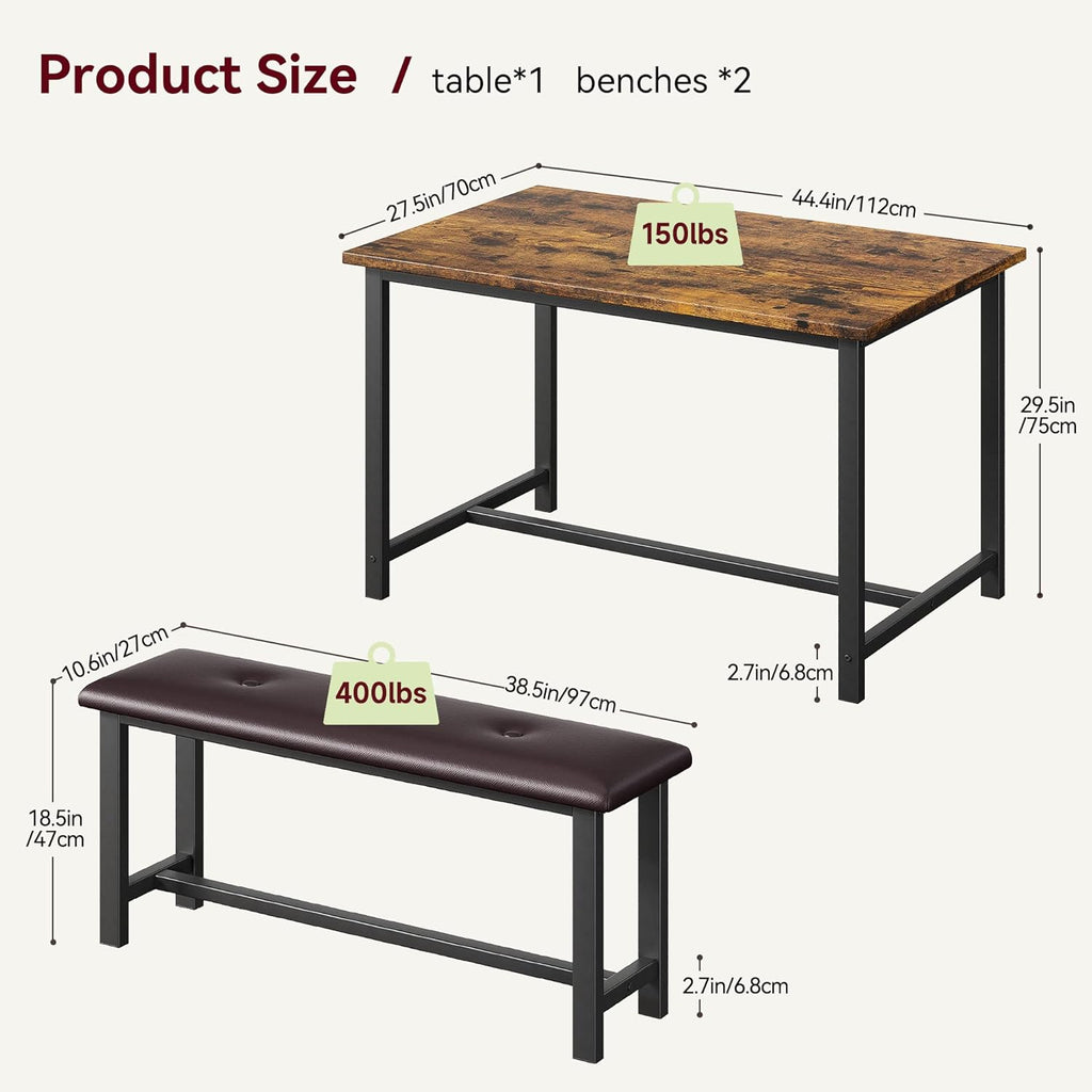 IDEALHOUSE Dining Table Set for 4, Kitchen Table with Upholstered Bench, Rectangular Dining Room Table Set with 2 Benches, 3 Piece Kitchen Table Set for Small Space, Apartment, Studio, Rustic Brown