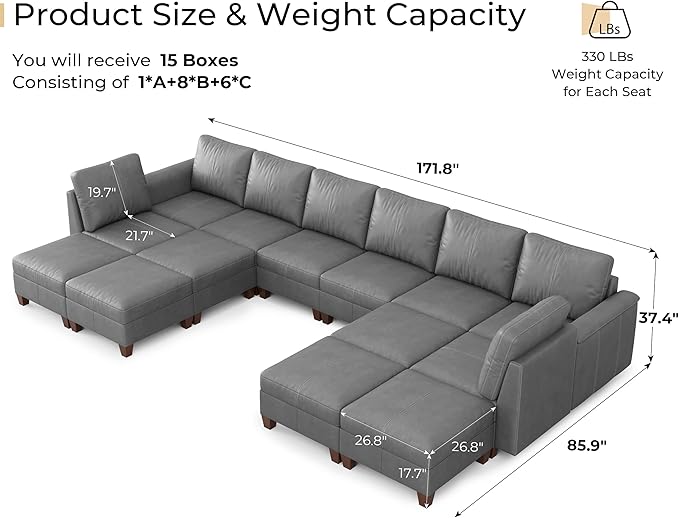 SITJOY 172" Faux Leather Modular Sectional Sofa with Storage, Mid Century Modern Sectional Couches for Living Room, Soft Padded Armrests, Oversized 14 Seat U Shaped Couch with Chaise, Gray