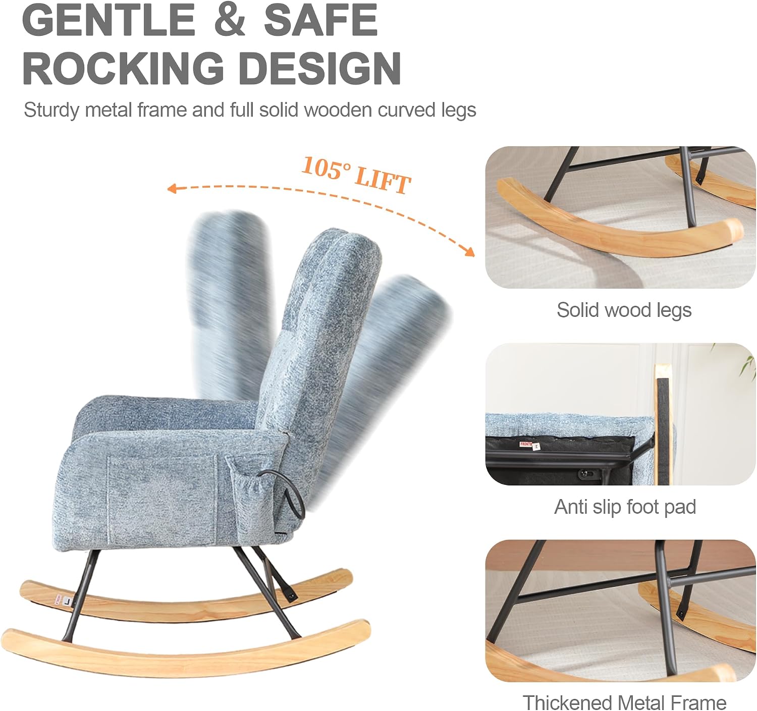 Rocking Chair Nursery, Comfy Modern Nursery Rocking Reading Chair Indoor, Cozy Upholstered Glider Rocker Chairs for Living Room Bedroom Offices, Sillas Mecedoras(Chenille, Blue)