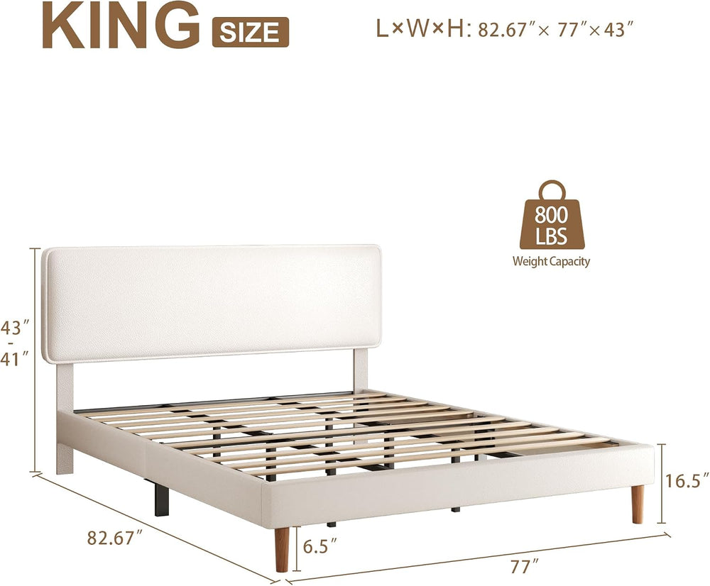 Sismplly King Size Upholstered Bed Frame with Adjustable Headboard, Faux Leat...