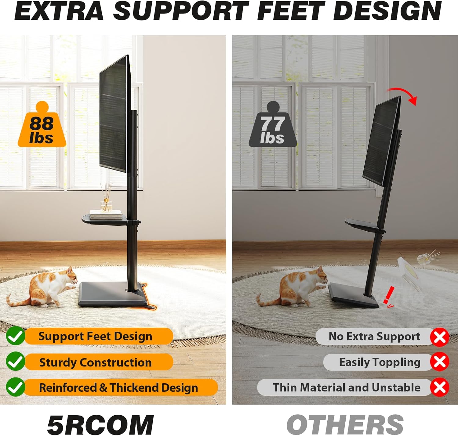 5Rcom Floor TV Stand with Mount for 32-60 inch TVs, Swivel and Height Adjustable Floor Standing TV Stands with Wood Base, Tall TV Stand with Shelf up to 88 lbs for Living Room, Bedroom and Corner
