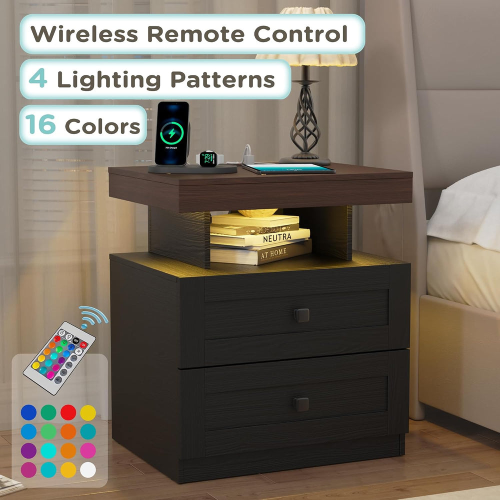 MHOM Farmhouse LED Nightstand Set of 2, Wood Bedroom Side Table with Charging...