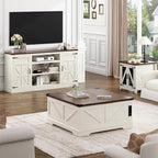 66" Farmhouse TV Stand with Power Outlets for 75 Inch TVs, 33" Tall Entertainment Center with Storage Cabinets w/Adjustable Shelves, Rustic Large TV Media Console, Rustic White