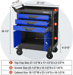 WORKPRO 27.5 Inch 3-Drawer Rolling Tool Chest with Wheels, Portable Steel Tool Cabinets with Drawers, Liners and Locking System for Warehouse, Garage, Black and Blue