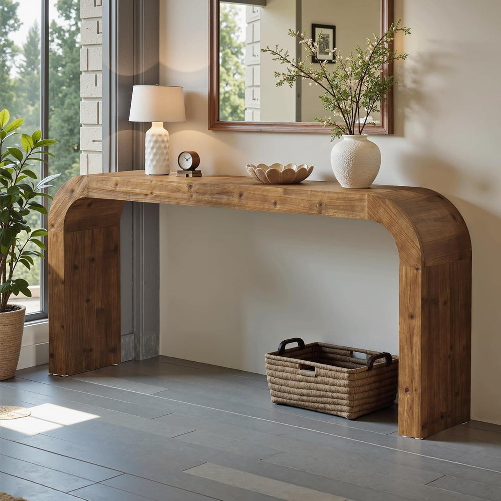 71" Solid Wood Console Table, Farmhouse Waterfall Sofa Table with Curved...