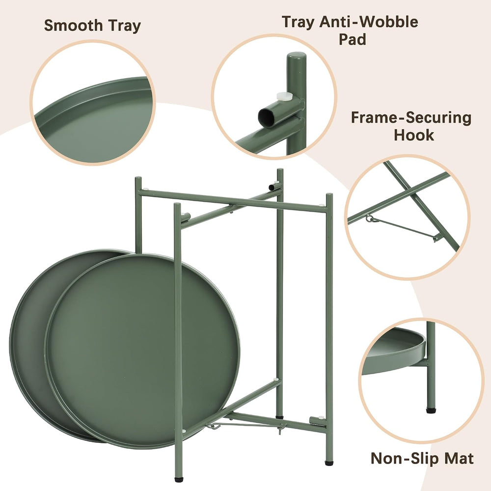 2-Tier Round End Side Table, Small Metal Side Table with Removable Tray, Fold...