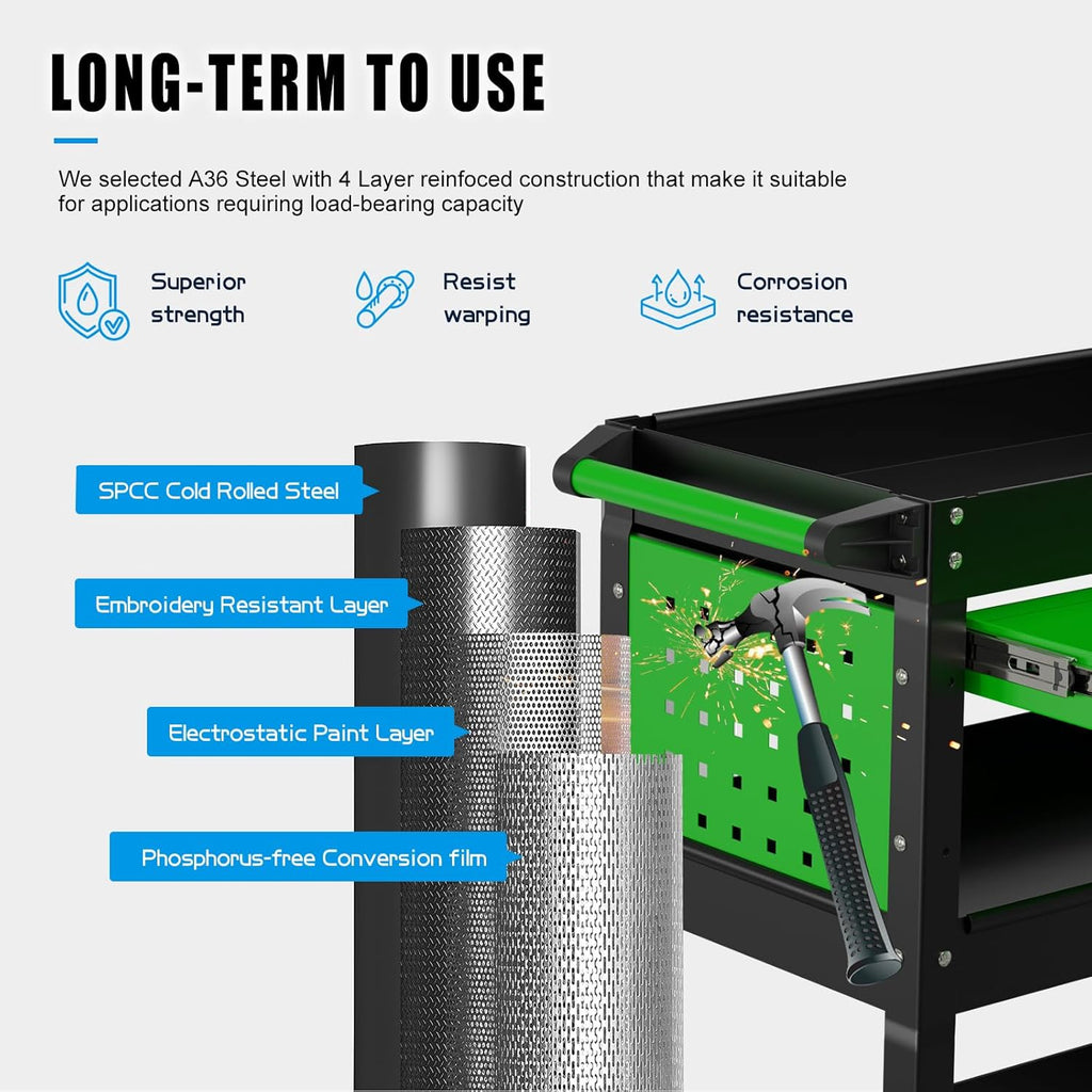 Heavy Duty 3 Tier Tool Cart, Mechanic Metal Rolling Tool Cart with Storage Drawers for Garage Workshop
