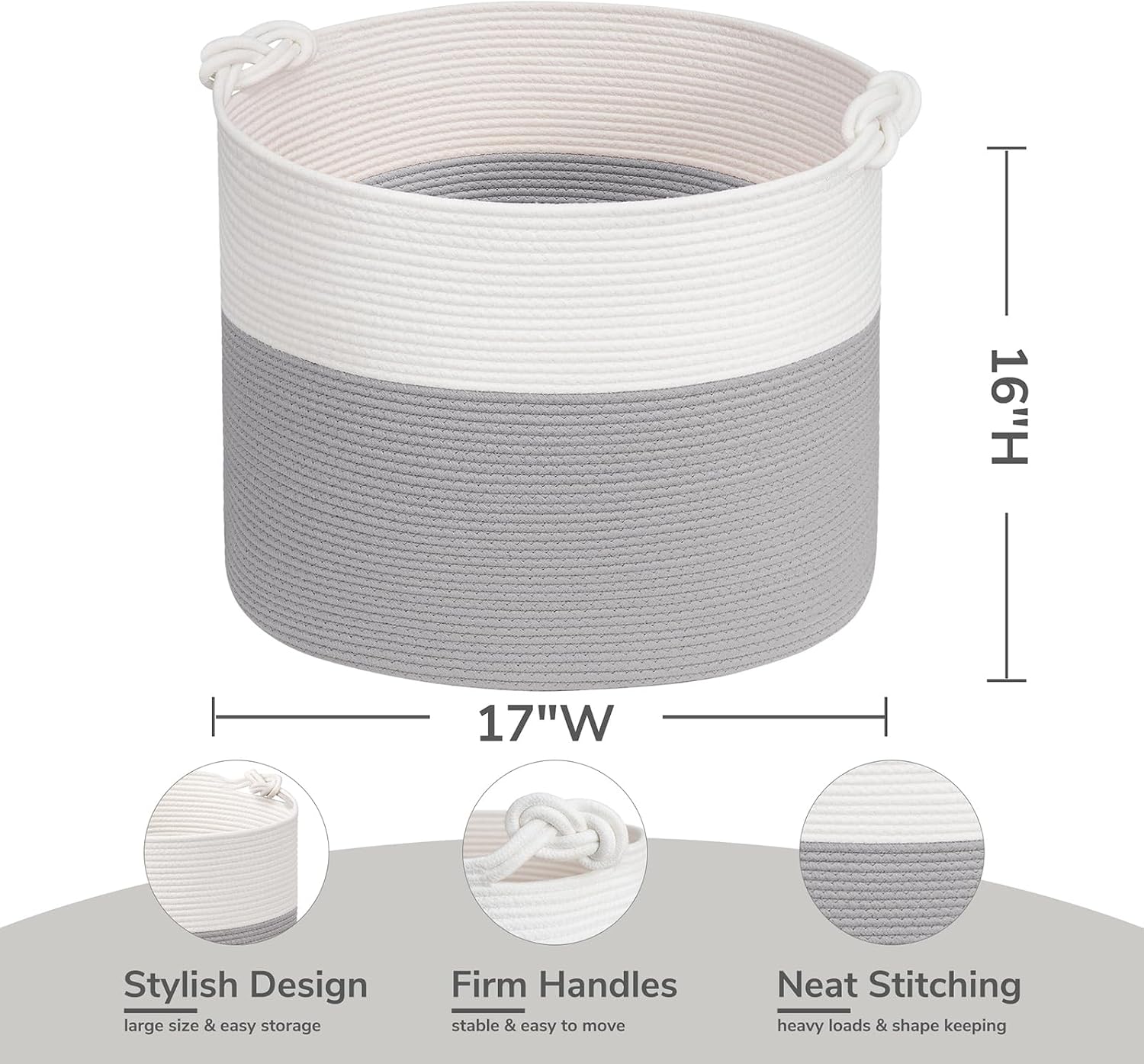 Goodpick Large Woven Rope Toy Storage Basket for Living Room, 60L, Grey | Small Laundry Basket for Organizing Baby Clothes, Blankets & Pillows, Great for Bedroom Nursery Home Décor