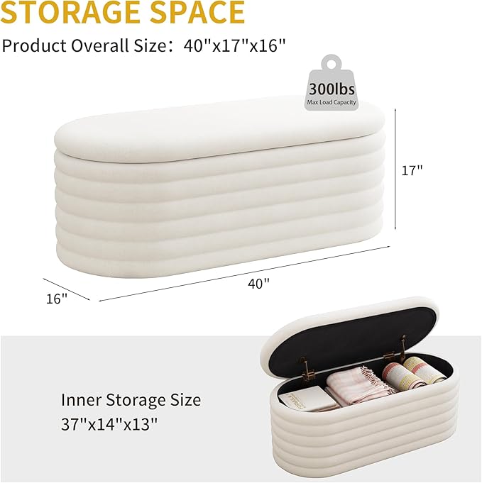 Storage Ottoman Bench 40 inch Upholstered Chenille Fabric Storage Bench for Bedroom End of Bed Stool Aesthetic Large Storag Ottoman for Living Room Entryway,Beige White