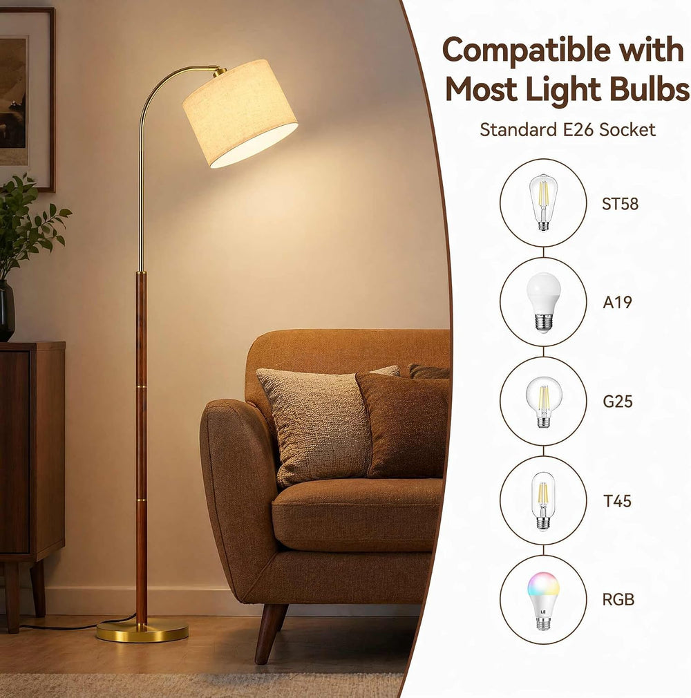 Walnut Gold Arc Floor Lamps for Living Room 62.6" Mid Century Modern Lamp