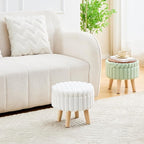Wimarsbon Storage Ottoman,Soft Faux Fur Footstool with Padded Seat, Small Reading Vanity Chair, Footrest with Wood Tray for Couch, Mini Coffee Table or Display Stand (Cream, Round Storage)