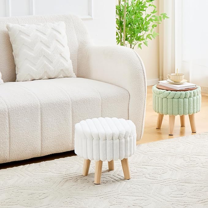 Wimarsbon Storage Ottoman,Soft Faux Fur Footstool with Padded Seat, Small Reading Vanity Chair, Footrest with Wood Tray for Couch, Mini Coffee Table or Display Stand (Cream, Round Storage)