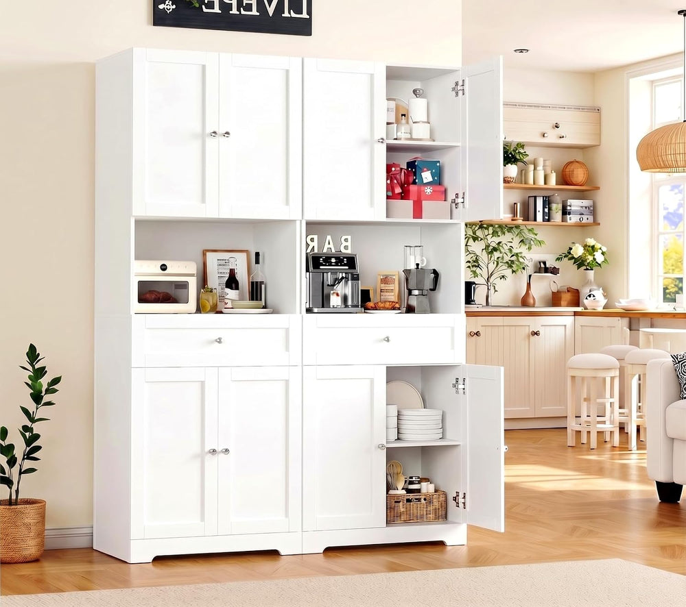 Set of 2 Tall Kitchen Pantry Storage Cabinet with Doors and Shelves, White | ...