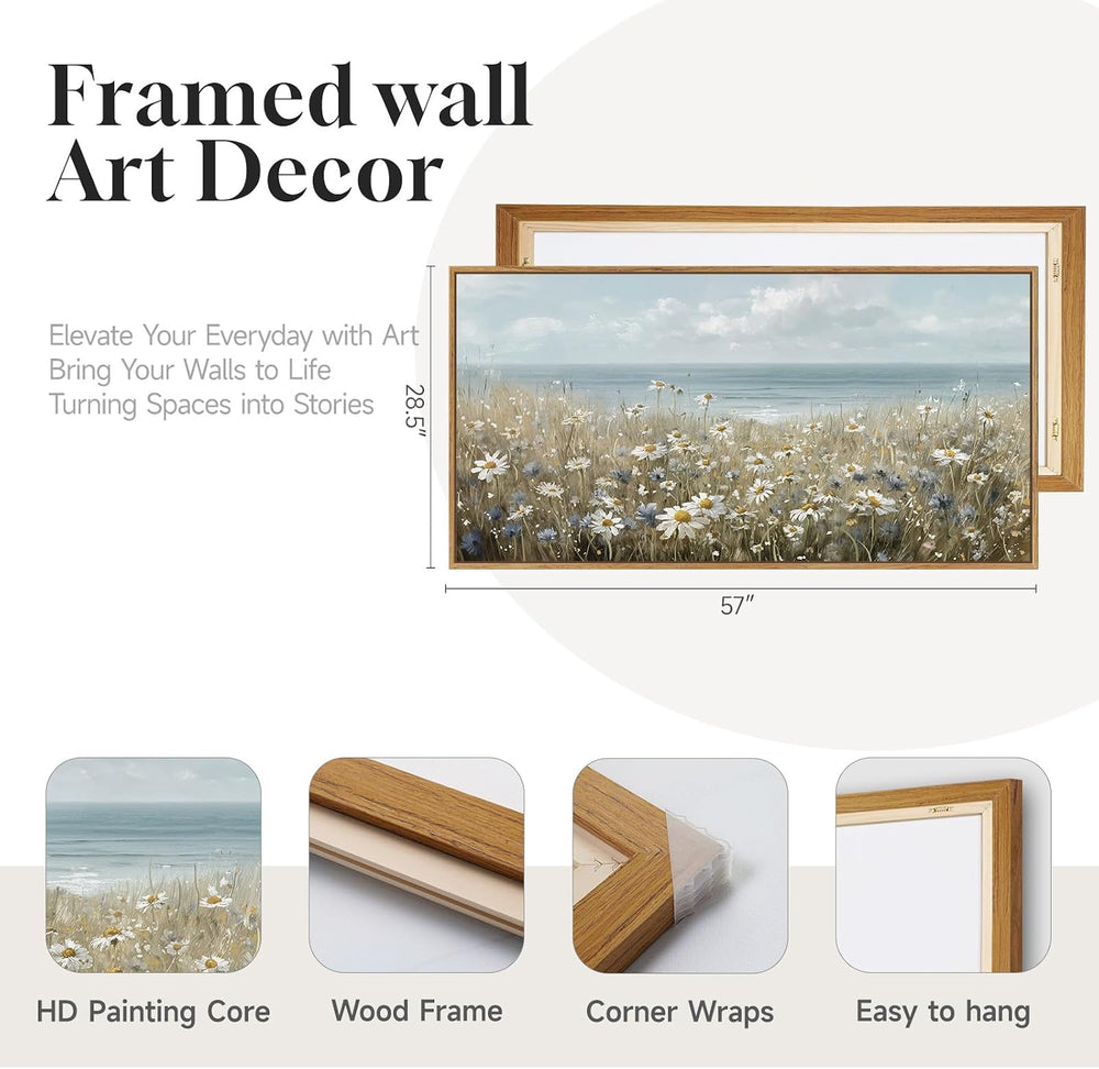 Large Framed Coastal Wildflower Landscape Wall Art for Living Room, 60x30