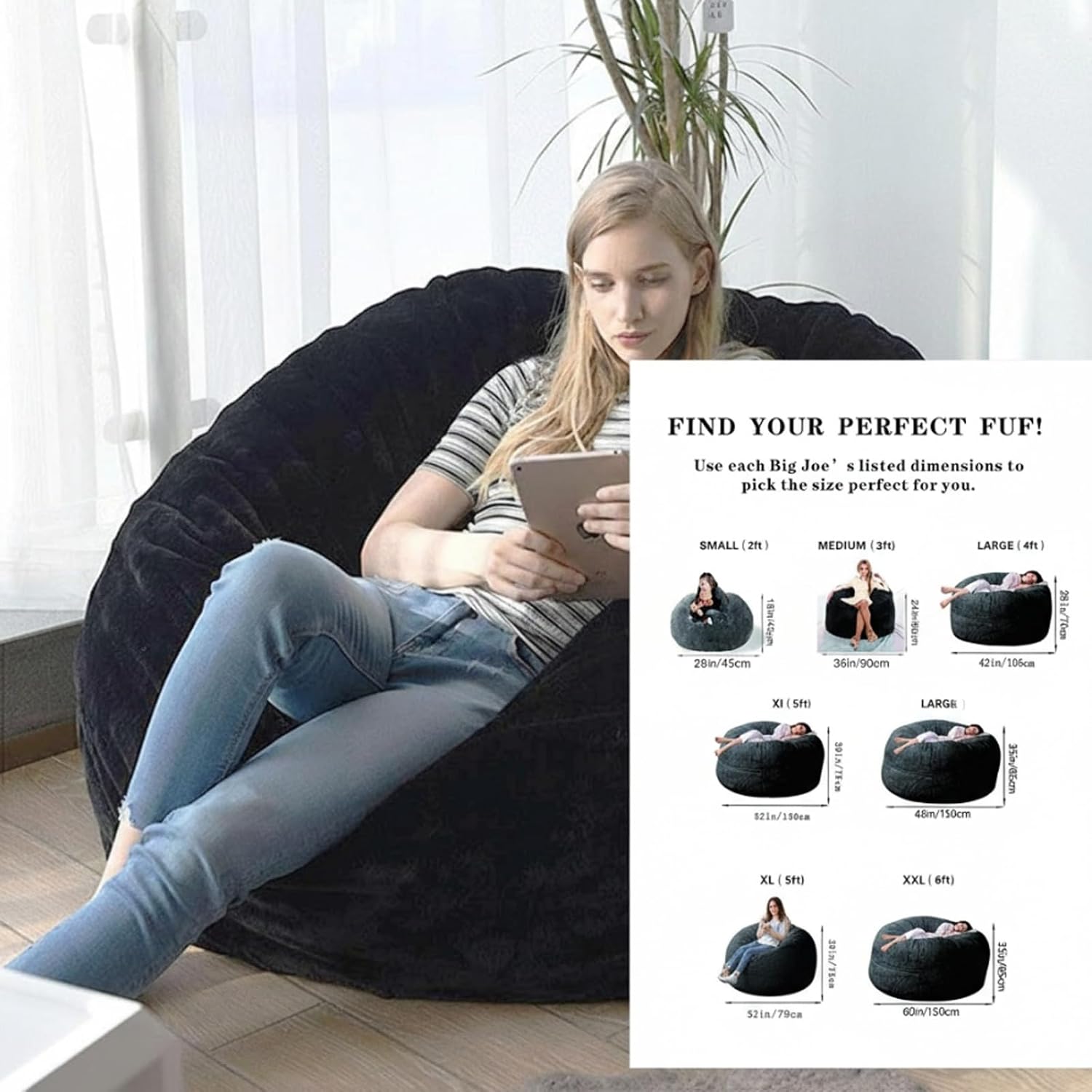 Bean Bag Chair Cover (No Filler), 6ft Fluffy Washable Large Bean Bag Chairs Cover for Adults for Living Room Bedroom Furniture